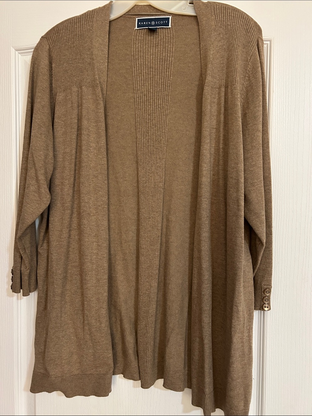 Karen Scott Open-Front Brown-Tan Ribbed Cardigan